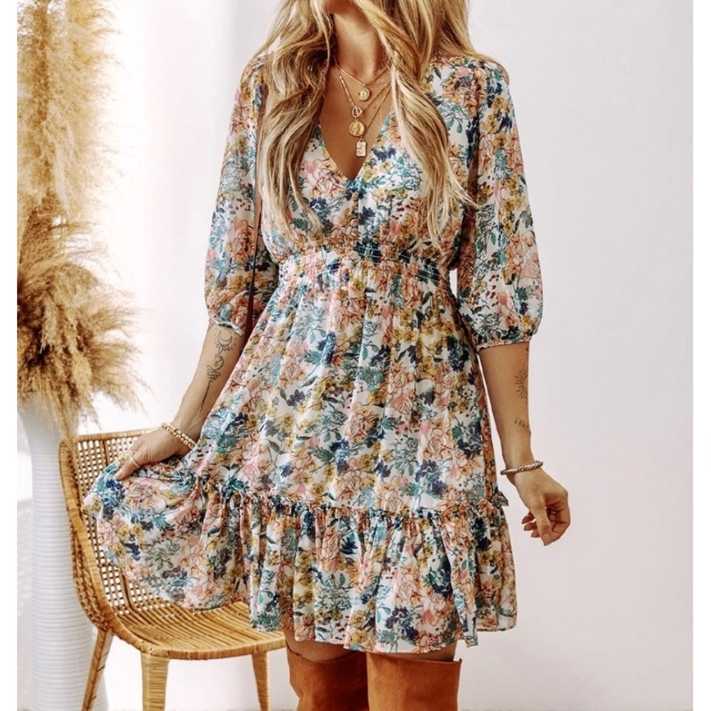 Taylor Floral V-Neck Smocked Dress Womens M Multicolor Boho Chiffon Cottagecore